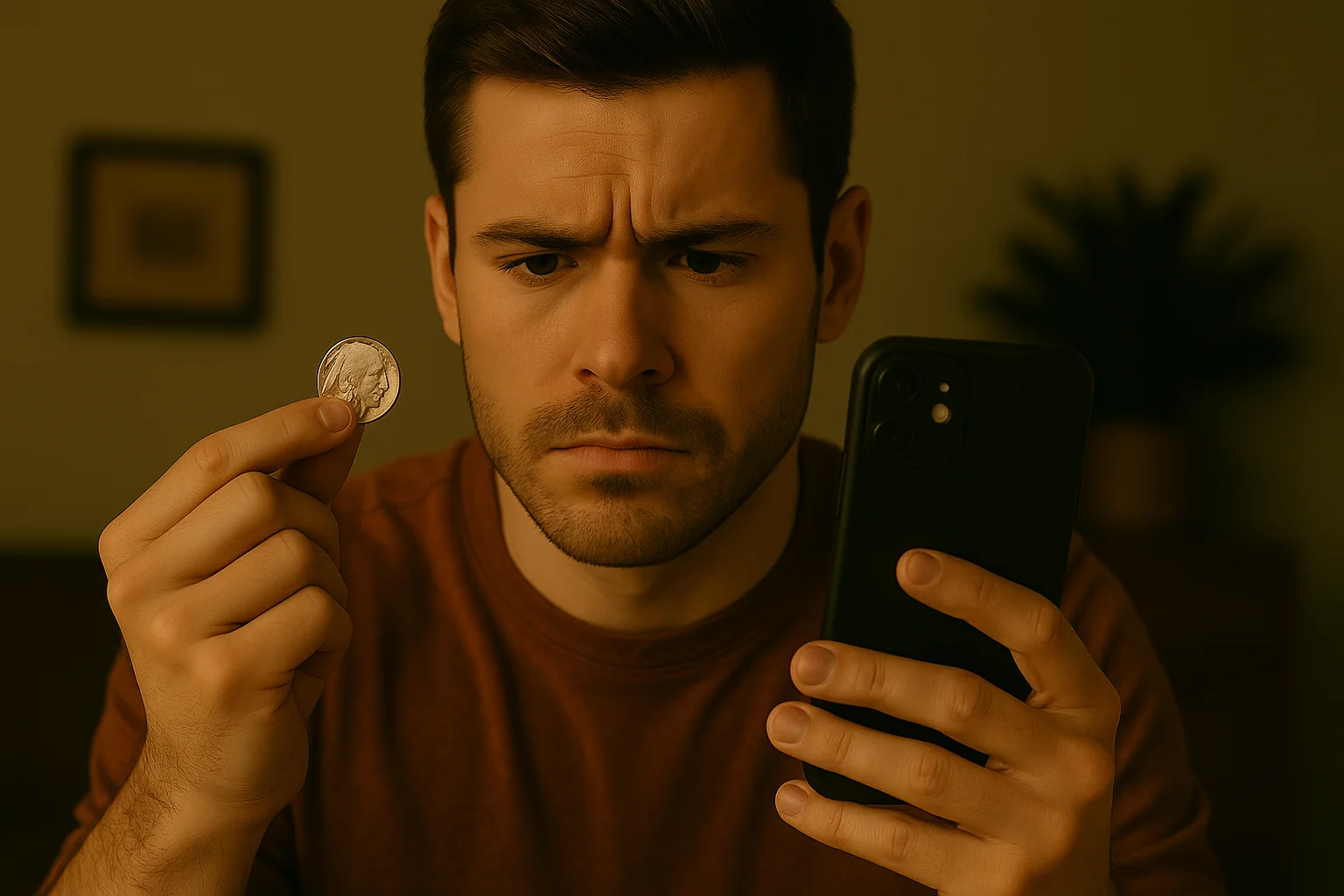 A collector studies a 1926 Buffalo Nickel with the app, doubting whether it is a hidden jewel or just another worn-out piece
