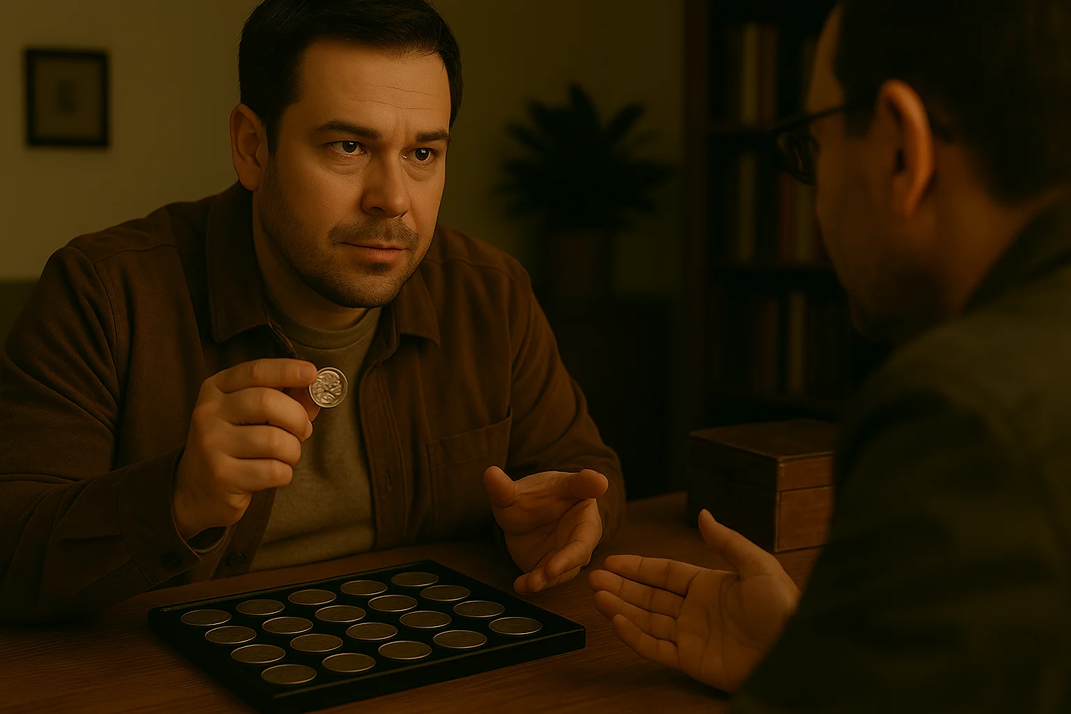 A seller presents a tray of vintage Buffalo Nickels to an interested buyer, discussing potential value and rarity.
