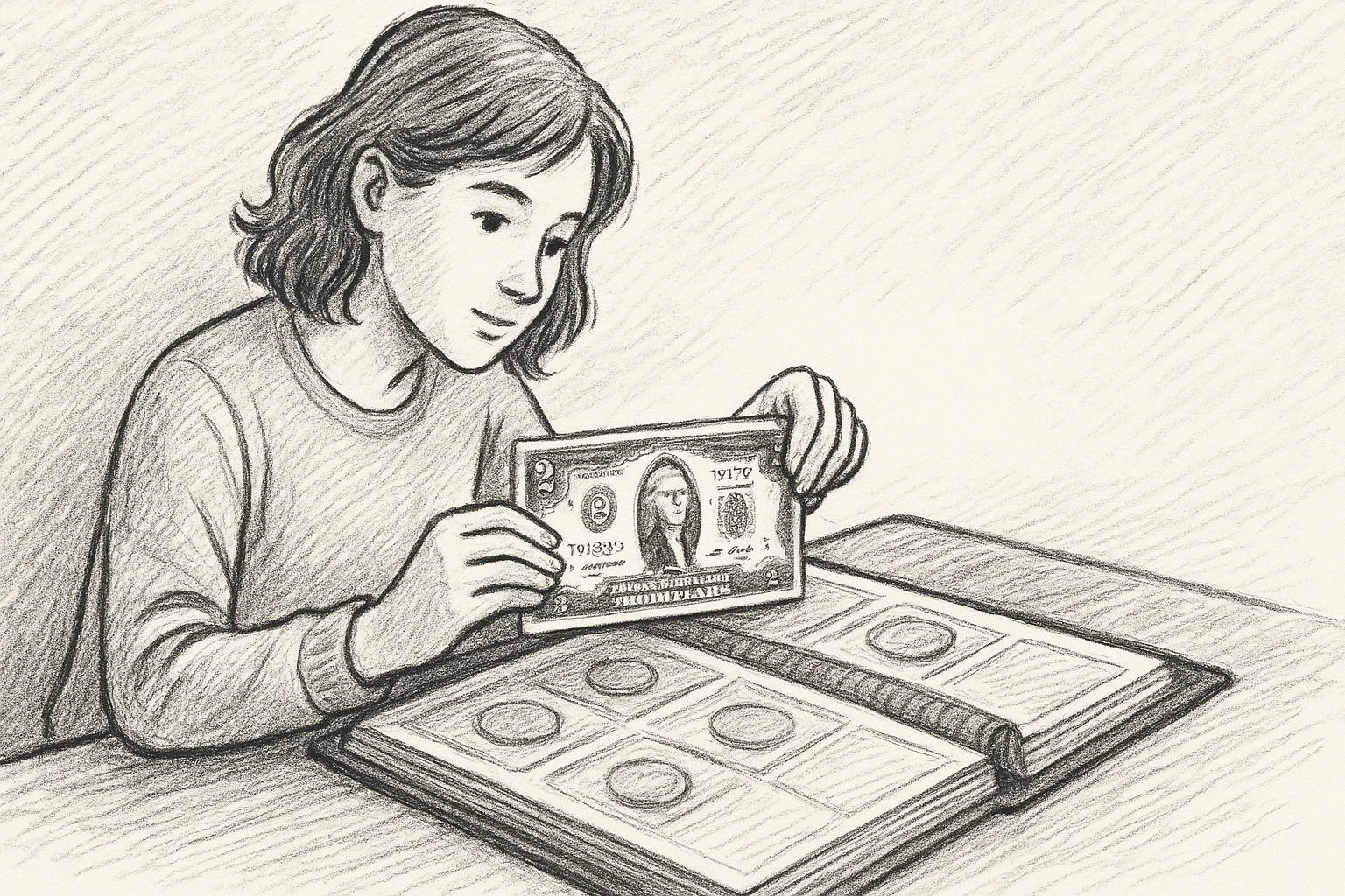 A woman is placing a $2 bill in her album.