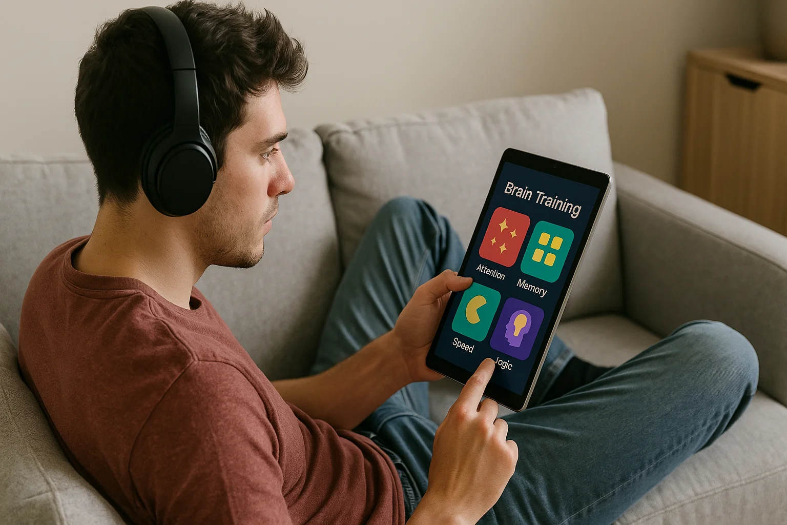 A man relaxes on a sofa with headphones on, tapping brain training games for focus and memory on his tablet screen.