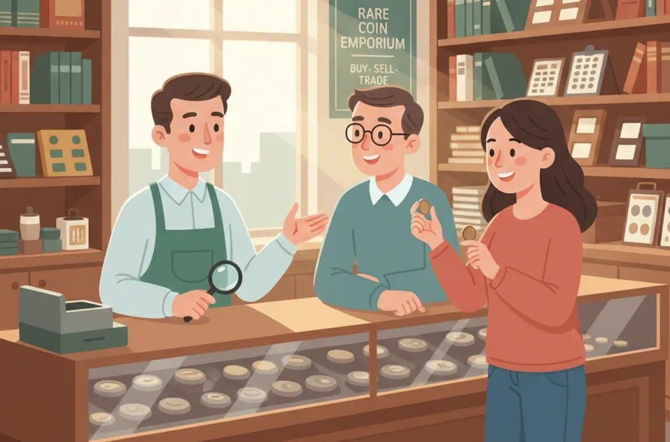 3 people are talking to each other at the coin store