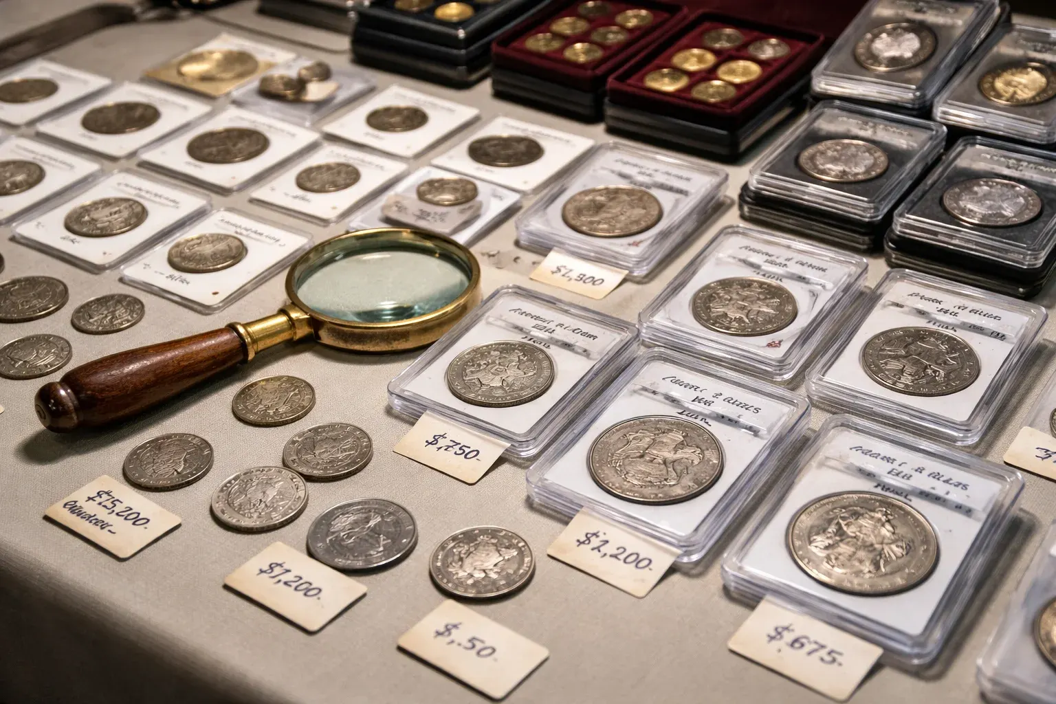 Specialist coin show table with ancient coins, world crowns, holders, labels, and a loupe.