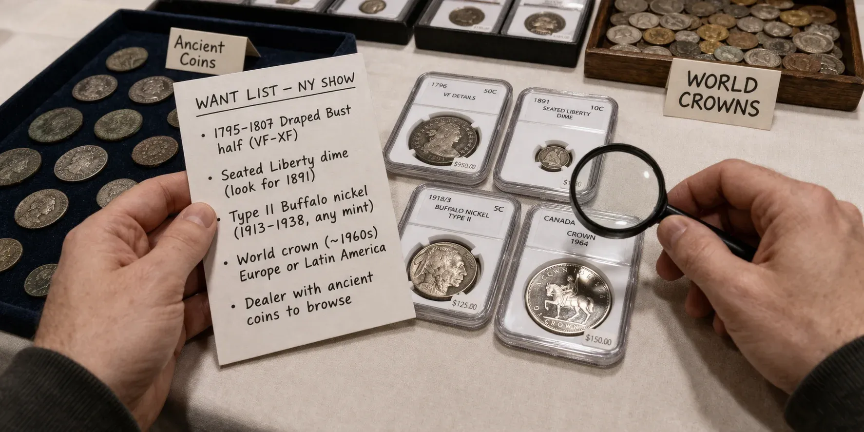 Collector with a want list and loupe at a coin show table.
